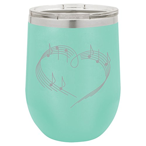 12 oz Double Wall Vacuum Insulated Stainless Steel Stemless Wine Tumbler Glass Coffee Travel Mug With Lid Heart Love Music Notes (Teal)