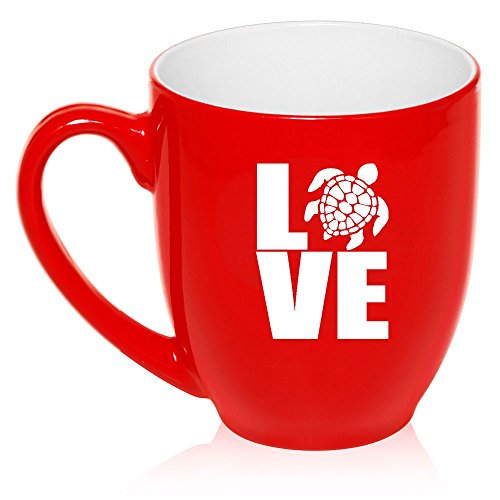 16 oz Large Bistro Mug Ceramic Coffee Tea Glass Cup Love Sea Turtle (Red)