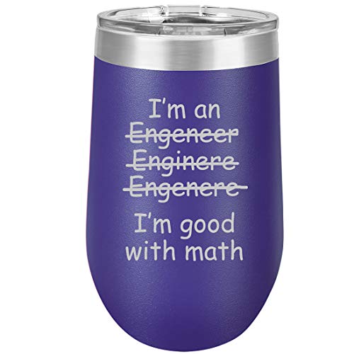 16 oz Double Wall Vacuum Insulated Stainless Steel Stemless Wine Tumbler Glass Coffee Travel Mug With Lid I'm An Engineer I'm Good With Math (Purple)