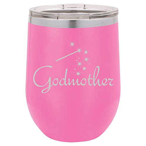 12 oz Double Wall Vacuum Insulated Stainless Steel Stemless Wine Tumbler Glass Coffee Travel Mug With Lid Godmother (Hot-Pink)