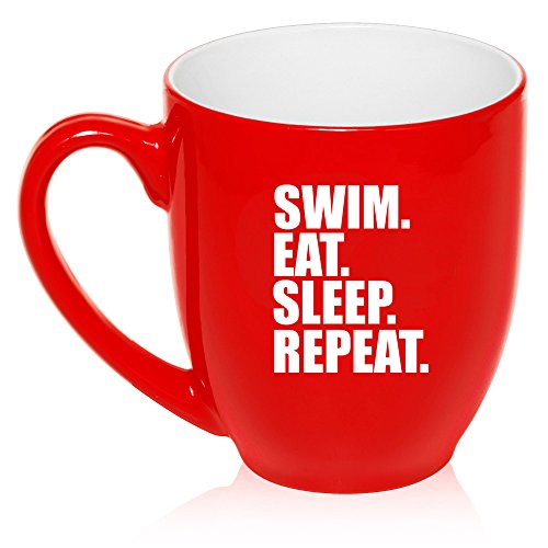 16 oz Large Bistro Mug Ceramic Coffee Tea Glass Cup Swim Eat Sleep Repeat (Red)