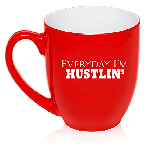 16 oz Large Bistro Mug Ceramic Coffee Tea Glass Cup Everyday I'm Hustlin' (Red)