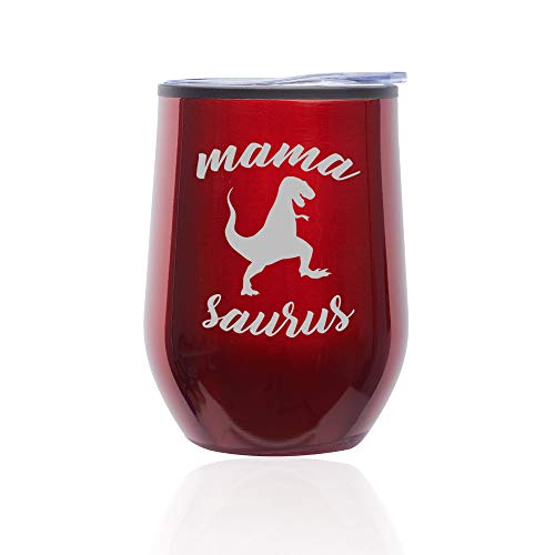 Stemless Wine Tumbler Coffee Travel Mug Glass With Lid Mama Saurus Mom Mother T-Rex Funny (Red)
