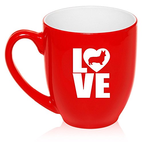 16 oz Large Bistro Mug Ceramic Coffee Tea Glass Cup Love Corgi (Red)