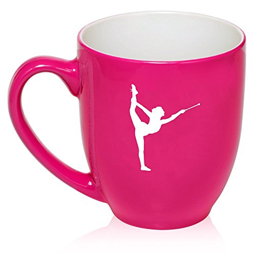 16 oz Large Bistro Mug Ceramic Coffee Tea Glass Cup Female Gymnast Twirling Baton Gymnastics (Hot Pink)