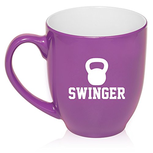 16 oz Large Bistro Mug Ceramic Coffee Tea Glass Cup Swinger Kettlebell Funny Workout Fitness (Purple)
