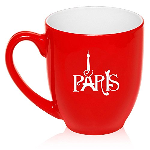 16 oz Large Bistro Mug Ceramic Coffee Tea Glass Cup Paris Eiffel Tower Heart Love (Red)