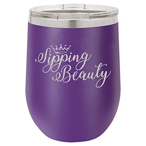 12 oz Double Wall Vacuum Insulated Stainless Steel Stemless Wine Tumbler Glass Coffee Travel Mug With Lid Sipping Beauty Funny (Purple)