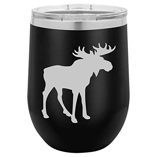 12 oz Double Wall Vacuum Insulated Stainless Steel Stemless Wine Tumbler Glass Coffee Travel Mug With Lid Moose (Black)