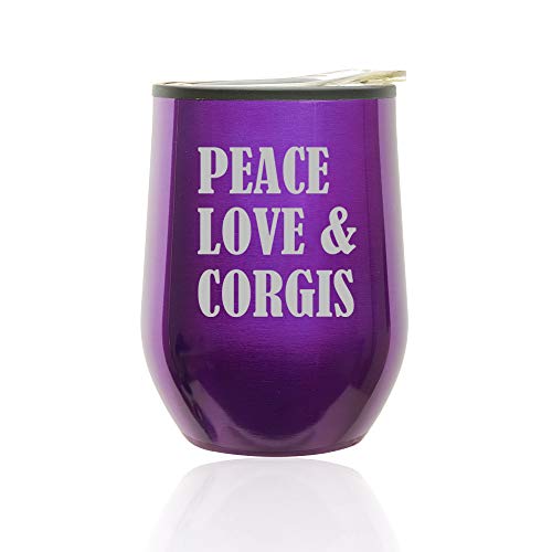 Stemless Wine Tumbler Coffee Travel Mug Glass With Lid Peace Love & Corgis (Royal Purple)