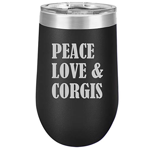 16 oz Double Wall Vacuum Insulated Stainless Steel Stemless Wine Tumbler Glass Coffee Travel Mug With Lid Peace Love & Corgis (Black)