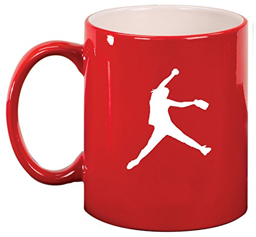 Ceramic Coffee Tea Mug Cup Female Softball Pitcher (Red)