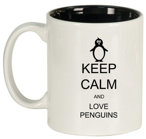 White Ceramic Coffee Tea Mug Keep Calm and Love Penguins
