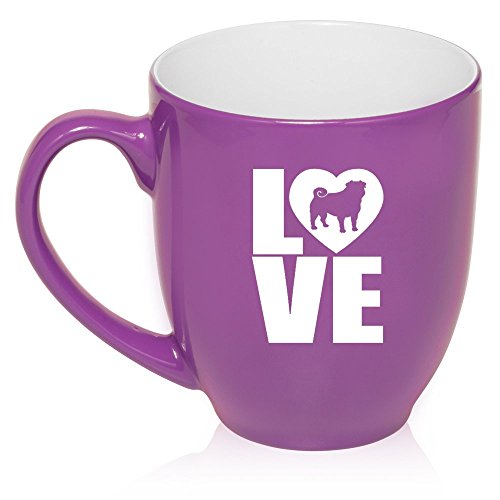 16 oz Large Bistro Mug Ceramic Coffee Tea Glass Cup Love Pug (Purple)