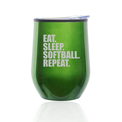 Stemless Wine Tumbler Coffee Travel Mug Glass With Lid Eat Sleep Softball Repeat (Green)
