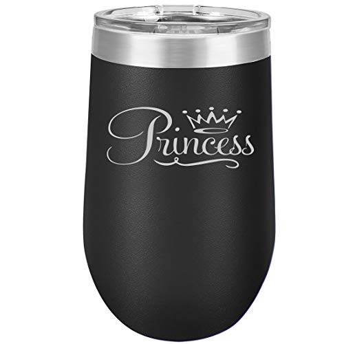 16 oz Double Wall Vacuum Insulated Stainless Steel Stemless Wine Tumbler Glass Coffee Travel Mug With Lid Princess Fancy (Black)