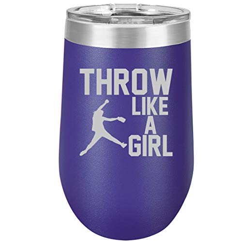 16 oz Double Wall Vacuum Insulated Stainless Steel Stemless Wine Tumbler Glass Coffee Travel Mug With Lid Throw Like A Girl Softball (Purple)