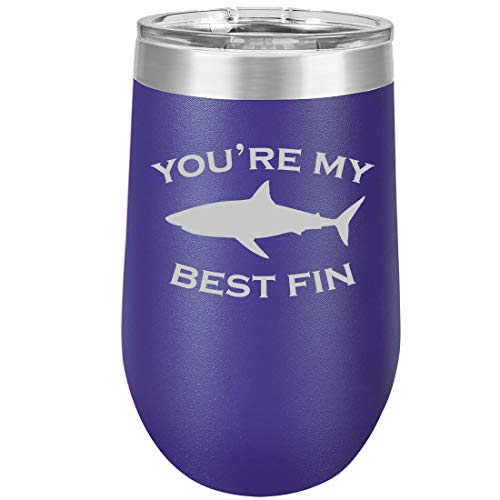 16 oz Double Wall Vacuum Insulated Stainless Steel Stemless Wine Tumbler Glass Coffee Travel Mug With Lid You're My Best Fin Friend Shark (Purple)