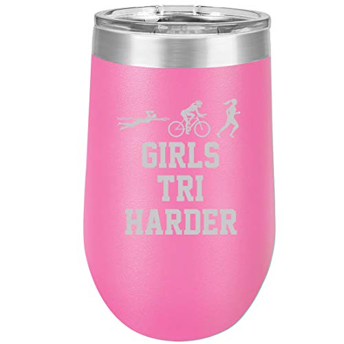 16 oz Double Wall Vacuum Insulated Stainless Steel Stemless Wine Tumbler Glass Coffee Travel Mug With Lid Triathlon Girls Tri Harder Swim Bike Run (Hot Pink)