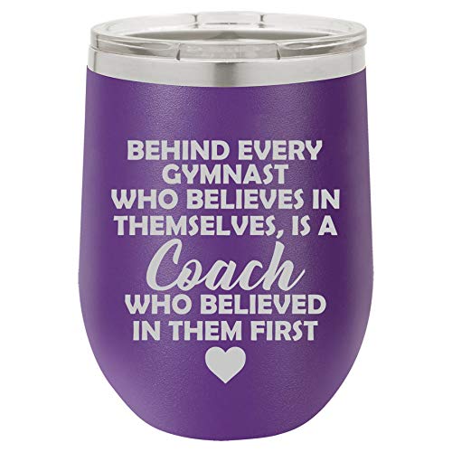 12 oz Double Wall Vacuum Insulated Stainless Steel Stemless Wine Tumbler Glass Coffee Travel Mug With Lid Gymnastics Coach Gift (Purple)