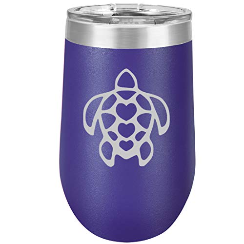 16 oz Double Wall Vacuum Insulated Stainless Steel Stemless Wine Tumbler Glass Coffee Travel Mug With Lid Turtle Hearts (Purple)