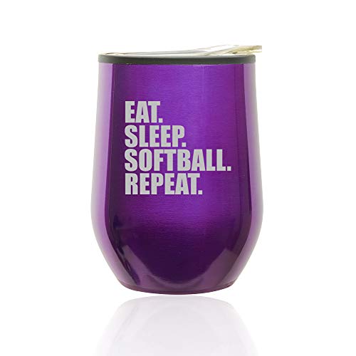 Stemless Wine Tumbler Coffee Travel Mug Glass With Lid Eat Sleep Softball Repeat (Royal Purple)