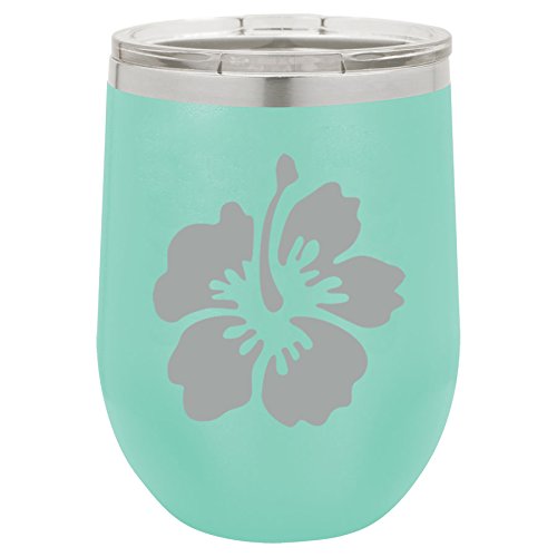 12 oz Double Wall Vacuum Insulated Stainless Steel Stemless Wine Tumbler Glass Coffee Travel Mug With Lid Hibiscus Flower (Teal)