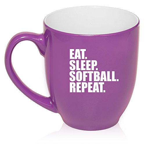 16 oz Large Bistro Mug Ceramic Coffee Tea Glass Cup Eat Sleep Softball Repeat (Purple)