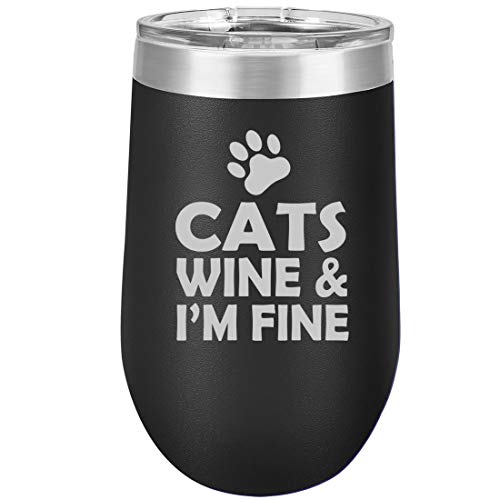 16 oz Double Wall Vacuum Insulated Stainless Steel Stemless Wine Tumbler Glass Coffee Travel Mug With Lid Cats Wine & I'm Fine (Black)