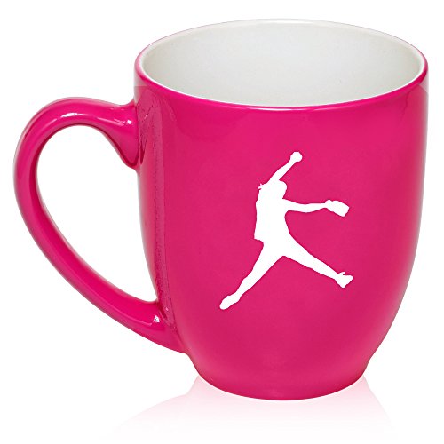 16 oz Large Bistro Mug Ceramic Coffee Tea Glass Cup Female Softball Pitcher (Hot Pink)