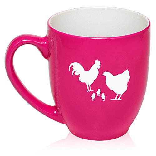 16 oz Large Bistro Mug Ceramic Coffee Tea Glass Cup Chicken Family (Hot Pink)