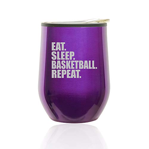 Stemless Wine Tumbler Coffee Travel Mug Glass With Lid Eat Sleep Basketball Repeat (Royal Purple)
