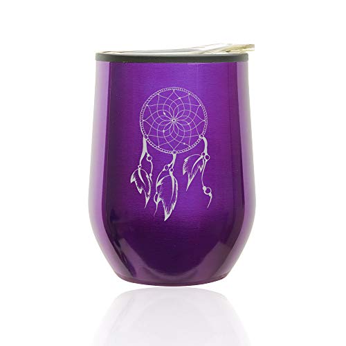 Stemless Wine Tumbler Coffee Travel Mug Glass With Lid Dreamcatcher With Feathers (Royal Purple)