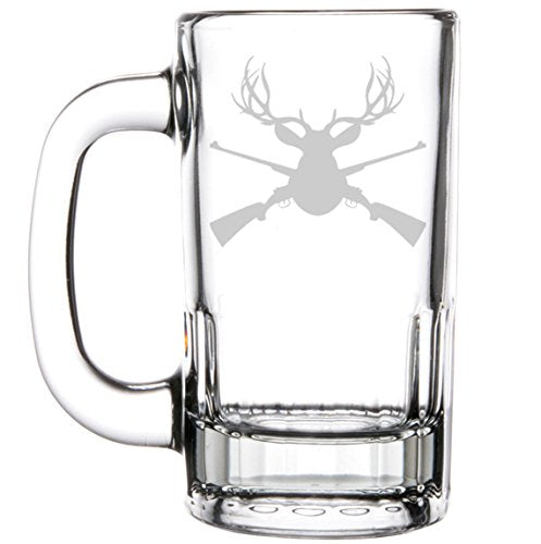 12oz Beer Mug Stein Glass Hunting Deer Hunter Head Rifle