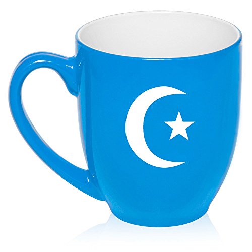 16 oz Large Bistro Mug Ceramic Coffee Tea Glass Cup Islamic Moon And Star (Light Blue)