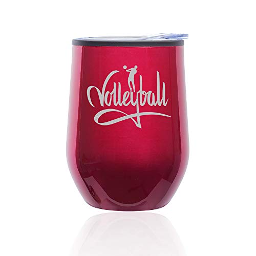 Stemless Wine Tumbler Coffee Travel Mug Glass With Lid Volleyball Calligraphy (Fuchsia)
