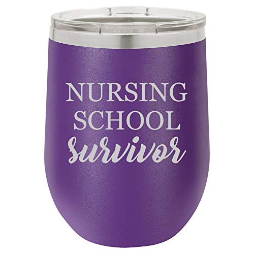 12 oz Double Wall Vacuum Insulated Stainless Steel Stemless Wine Tumbler Glass Coffee Travel Mug With Lid Nursing School Survivor Nurse Student Funny (Purple)