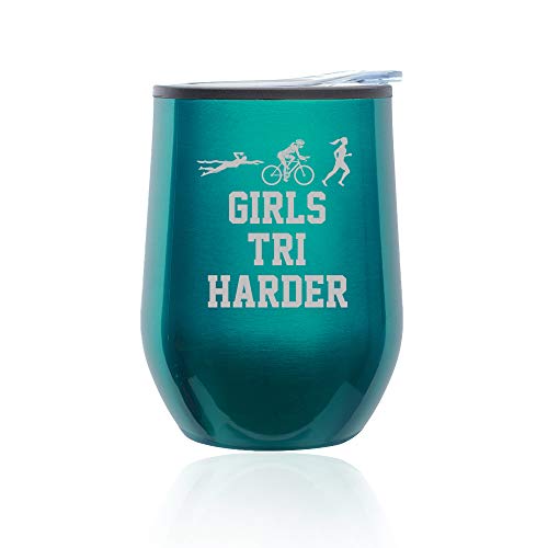 Stemless Wine Tumbler Coffee Travel Mug Glass With Lid Triathlon Girls Tri Harder Swim Bike Run (Turquoise Teal)