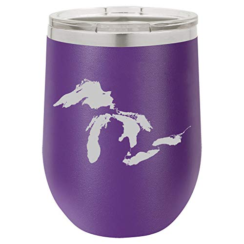 12 oz Double Wall Vacuum Insulated Stainless Steel Stemless Wine Tumbler Glass Coffee Travel Mug With Lid Great Lakes Michigan (Purple)