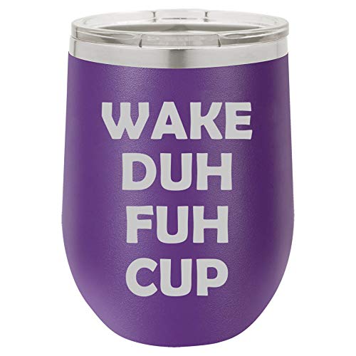 12 oz Double Wall Vacuum Insulated Stainless Steel Stemless Wine Tumbler Glass Coffee Travel Mug With Lid Wake Duh Fuh Cup Funny (Purple)