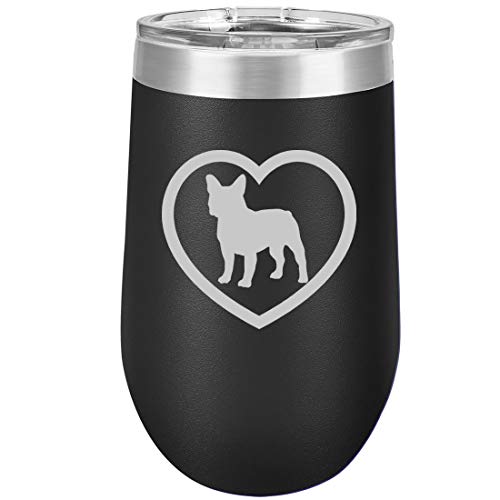 16 oz Double Wall Vacuum Insulated Stainless Steel Stemless Wine Tumbler Glass Coffee Travel Mug With Lid French Bulldog Heart (Black)