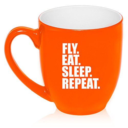 16 oz Large Bistro Mug Ceramic Coffee Tea Glass Cup Fly Eat Sleep Repeat (Orange)