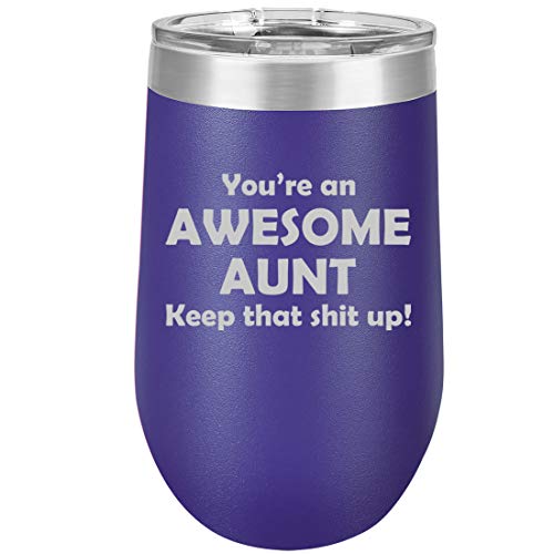 16 oz Double Wall Vacuum Insulated Stainless Steel Stemless Wine Tumbler Glass Coffee Travel Mug With Lid Awesome Aunt Keep It Up Funny (Purple)
