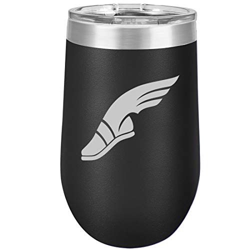 16 oz Double Wall Vacuum Insulated Stainless Steel Stemless Wine Tumbler Glass Coffee Travel Mug With Lid Track & Field Wing Shoe (Black)