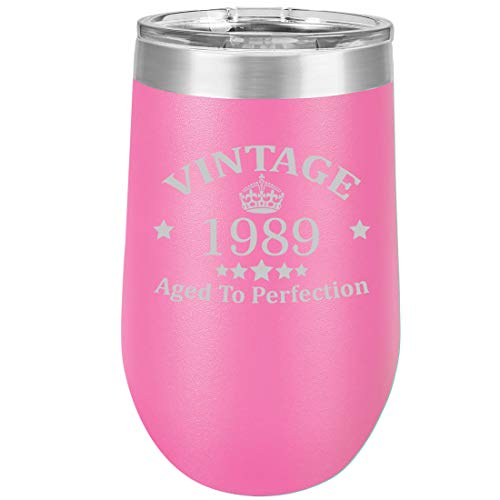 16 oz Double Wall Vacuum Insulated Stainless Steel Stemless Wine Tumbler Glass Coffee Travel Mug With Lid Vintage Aged To Perfection 1989 30th Birthday (Hot Pink)