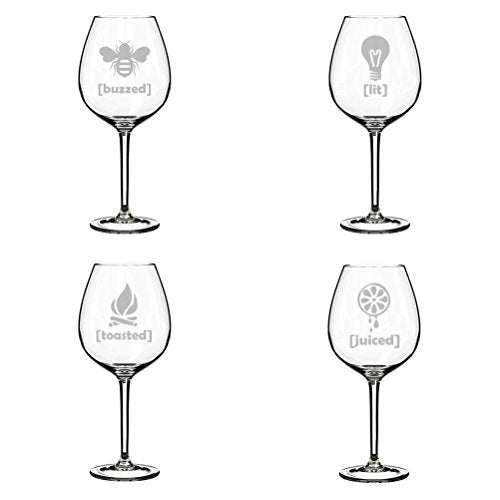 Set of 4 Wine Glass Goblet Funny Drunk Buzzed Lit Toasted Juiced (20 oz Jumbo)