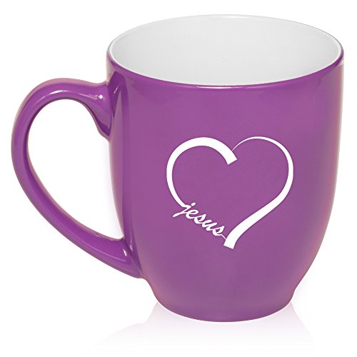 16 oz Large Bistro Mug Ceramic Coffee Tea Glass Cup Love Heart Jesus (Purple)