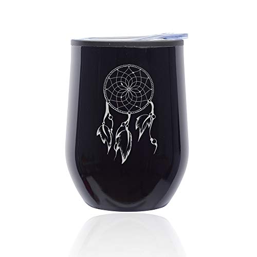 Stemless Wine Tumbler Coffee Travel Mug Glass With Lid Dreamcatcher With Feathers (Midnight Black)
