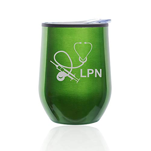 Stemless Wine Tumbler Coffee Travel Mug Glass With Lid Licensed Practical Nurse LPN (Green)
