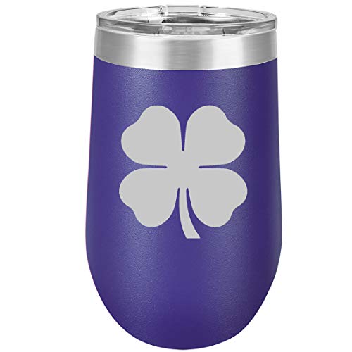 16 oz Double Wall Vacuum Insulated Stainless Steel Stemless Wine Tumbler Glass Coffee Travel Mug With Lid 4 Leaf Clover Shamrock (Purple)